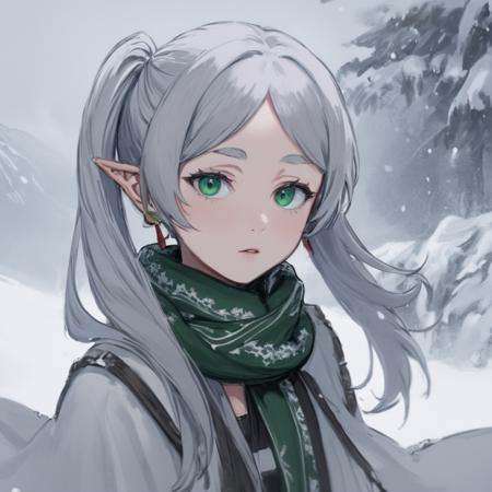 32781-3616745496-Digital art, masterpiece A detailed and cinematic wallpaper, closeup portrait of a girl Frieren standing in snow with a scarf, s.png